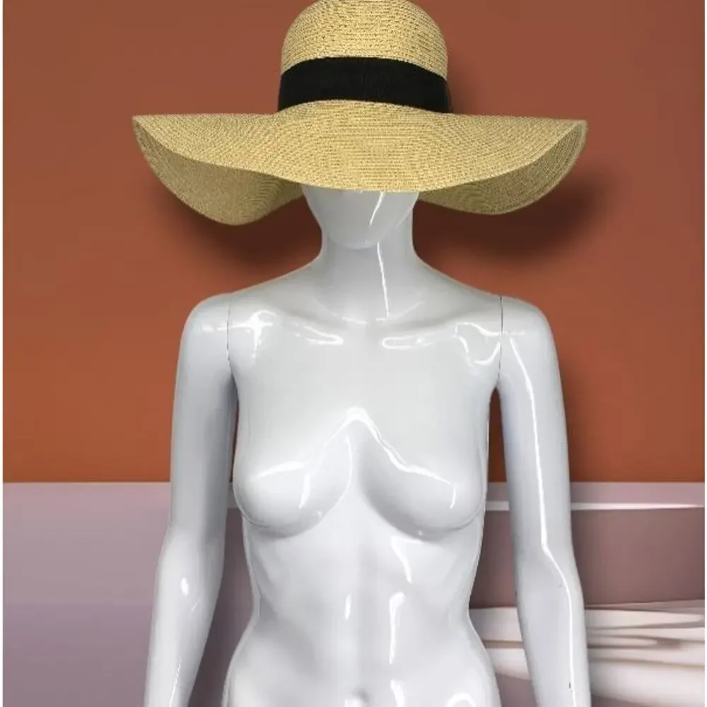 Debra Weitzner Sz M Wide Brim Sun Hat Natural Woven Straw Black Ribbon Band